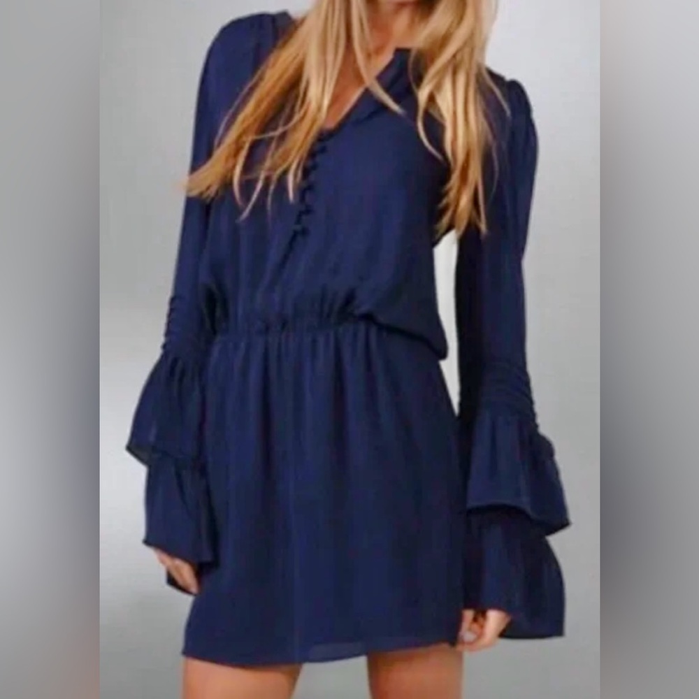 Parker Long Pintuck Double Bell Sleeve Dropped Waist Navy Blue Silk Tunic. ZB7